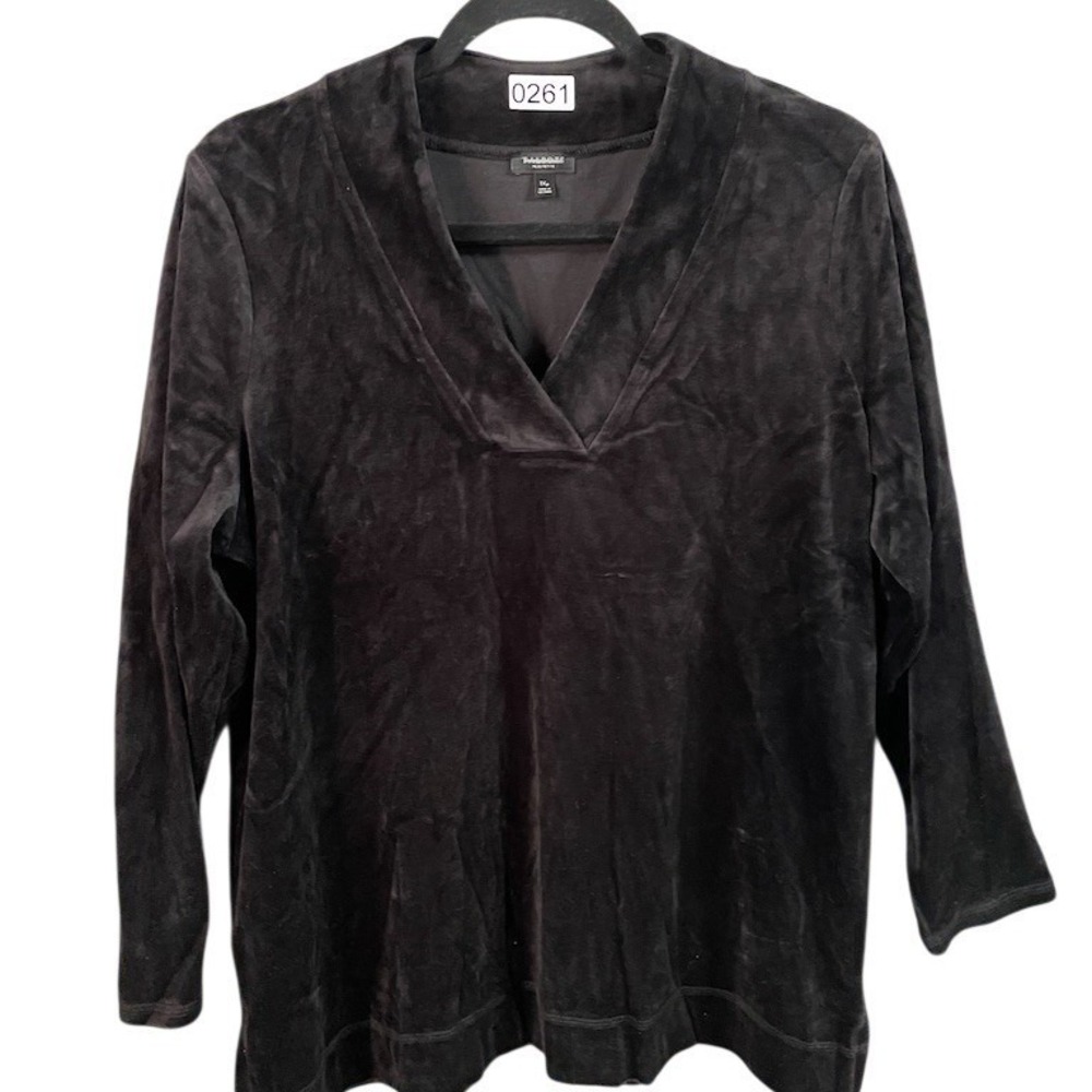 Talbots Petite Top Womens P2XL Black V-Neck Long Sleeve Pullover Velour